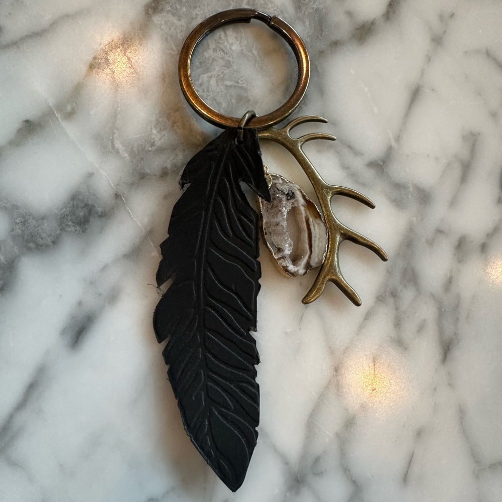 Black Leather Feather, Bronze Antler, and Gold Agate Keychain.